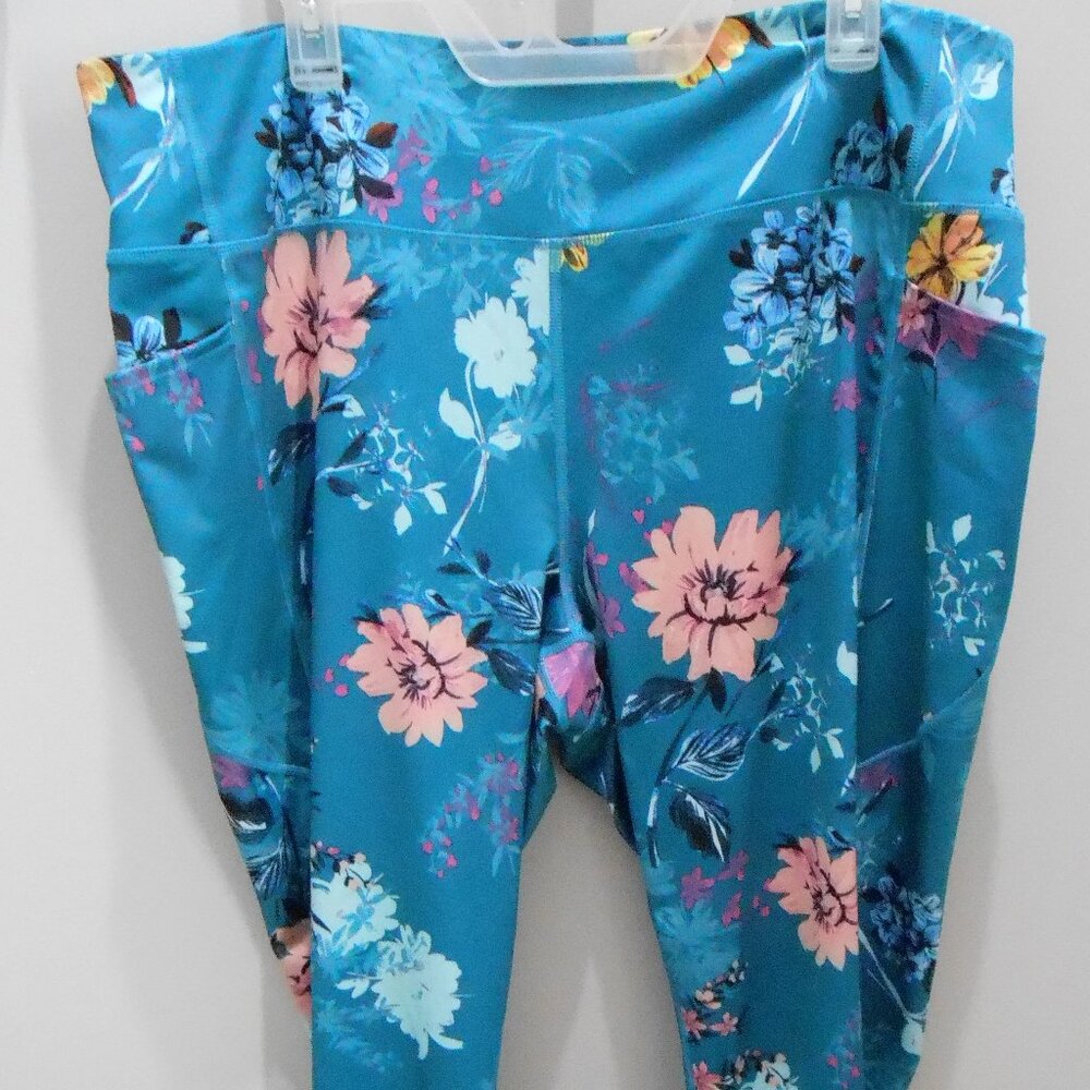Tek Gear Workout Gear Women's Teal Blue Floral Print Gym Pants-Size 3X